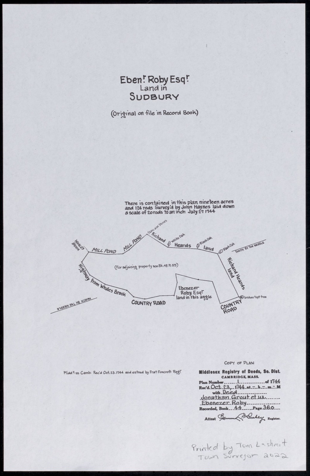 Ebenezer Roby Esquire land in Sudbury, 1744, Wayland Free Public Library - undated