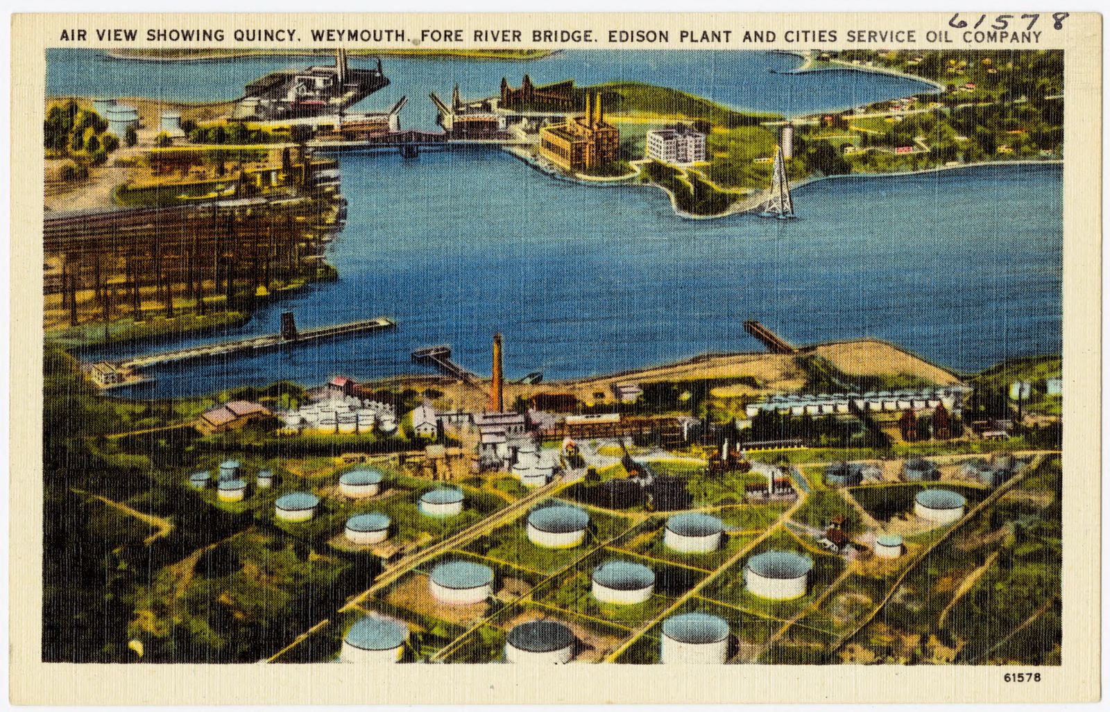 Air view showing Quincy, Weymouth, Fore River Bridge, Edison Plant and Cities Service Oil Company, Boston Public Library - undated