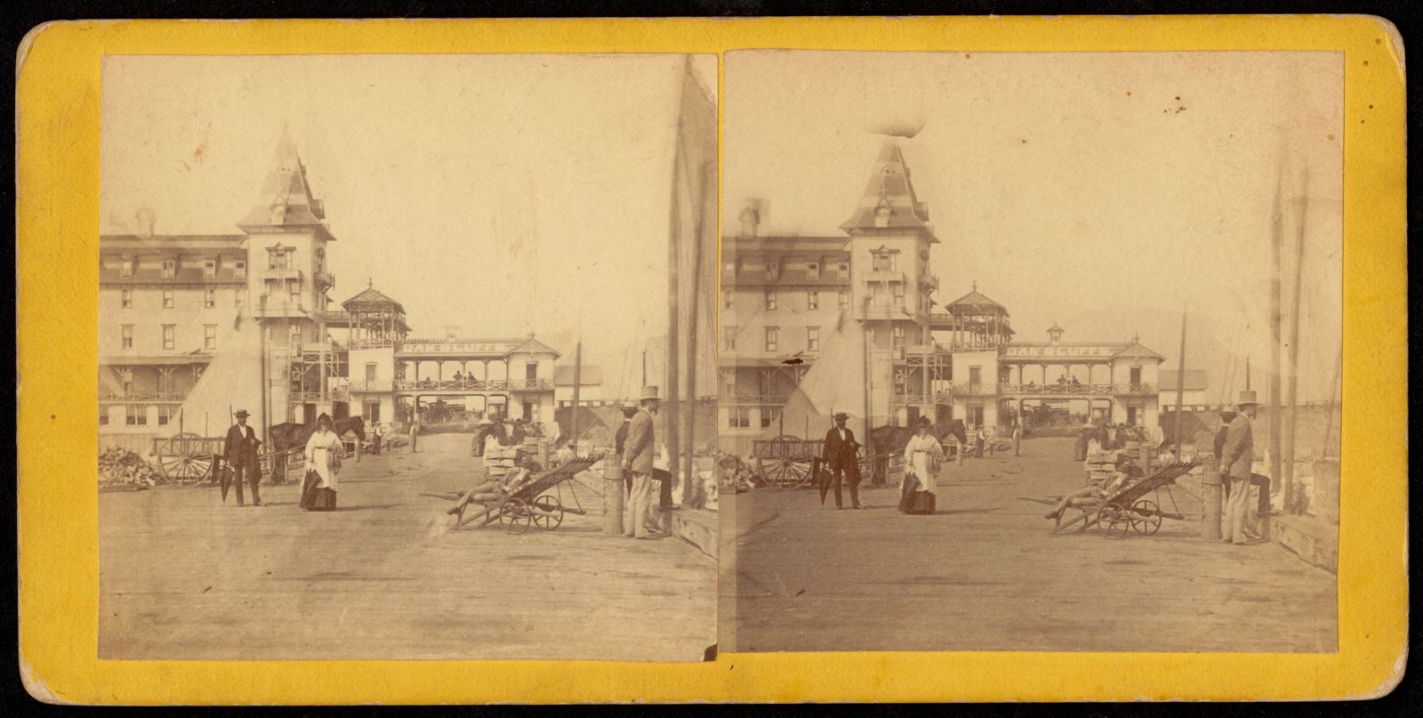 View of the pier in Oak Bluffs, with Sea View House resort partially visible on the left, Boston Public Library - undated