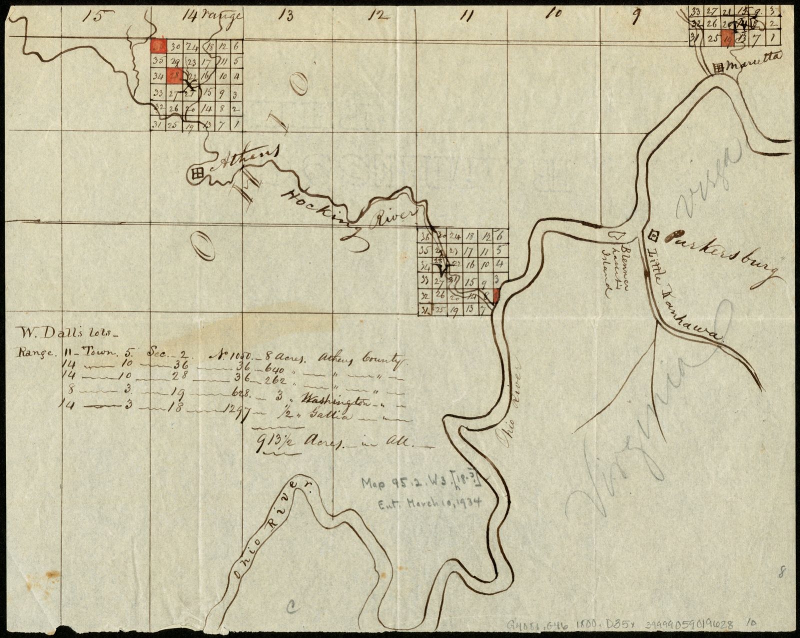 [Map of W. Dall's lots in Athens County, Washington County, and Gallia County, Ohio], Boston Public Library - undated