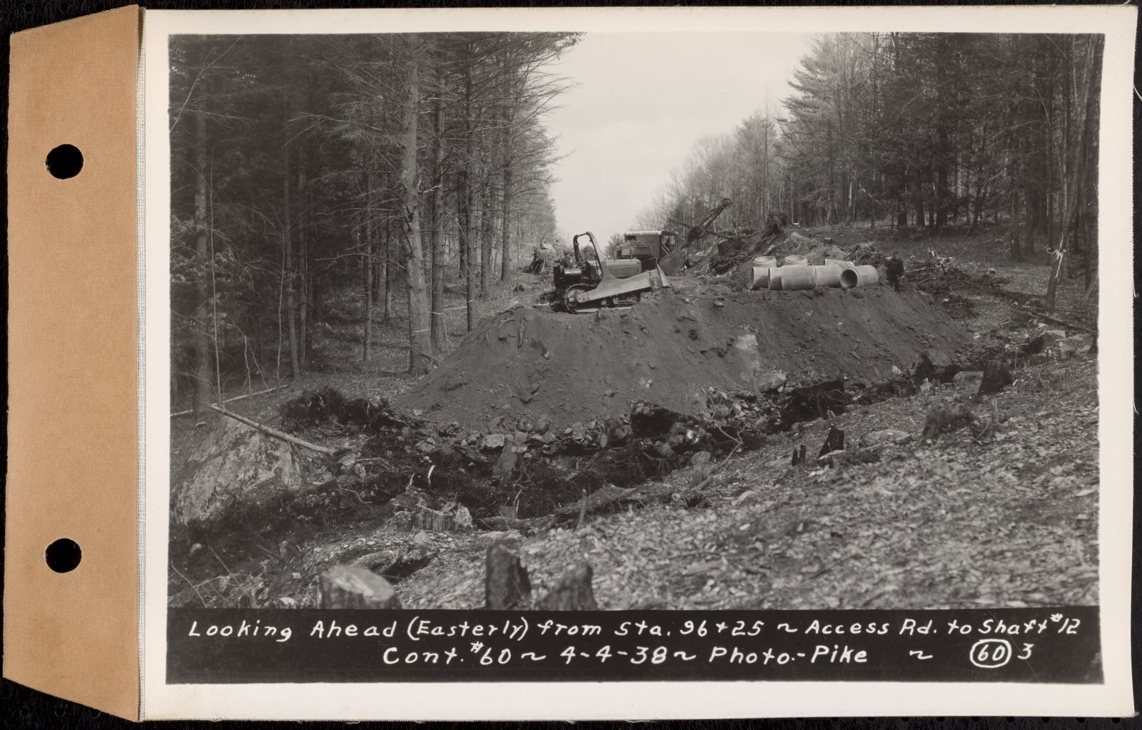 Contract No. 60, Access Roads to Shaft 12, Quabbin Aqueduct, Hardwick and Greenwich, looking ahead (easterly) from Sta. 96+25, Greenwich and Hardwick, Mass., Apr. 4, 1938, Massachusetts Archives - undated