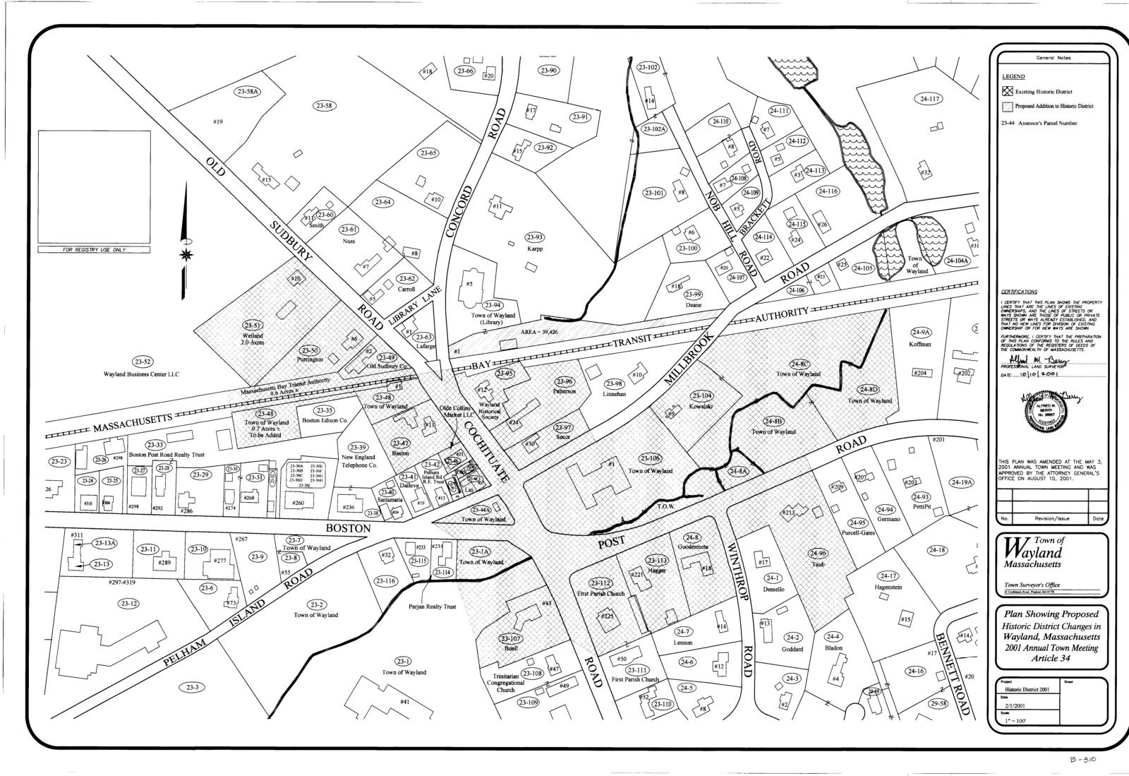 Plans showing proposed Historic District changes in Wayland Massachusetts 2001 Annual Town Meeting Article 34, Wayland Free Public Library - undated