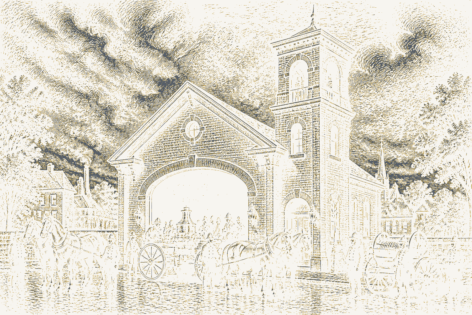 Decorative drawing: a fire station with an arched engine door and a hose tower. Not a photograph of this place.