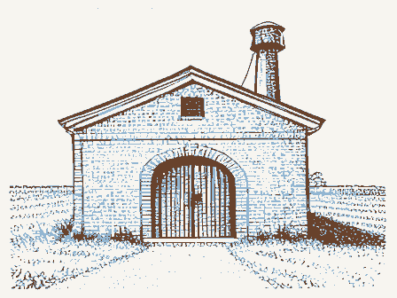 Decorative drawing: a fire station with an arched engine door and a hose tower. Not a photograph of this place.