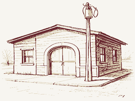 Decorative drawing: a fire station with an arched engine door and a hose tower. Not a photograph of this place.