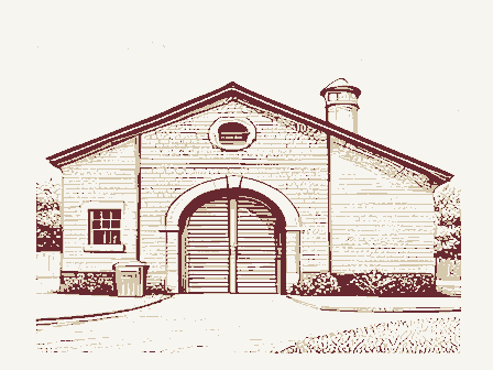 Decorative drawing: a fire station with an arched engine door and a hose tower. Not a photograph of this place.