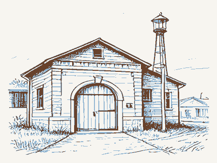 Decorative drawing: a fire station with an arched engine door and a hose tower. Not a photograph of this place.