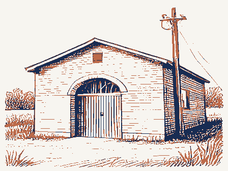 Decorative drawing: a fire station with an arched engine door and a hose tower. Not a photograph of this place.