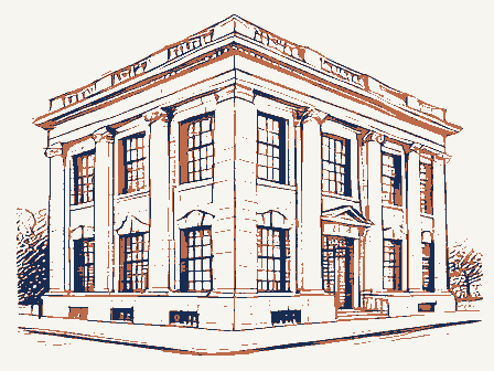 Decorative drawing: a stone bank building with columns and tall windows. Not a photograph of this place.