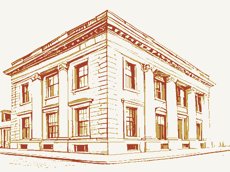 Decorative drawing: a stone bank building with columns and tall windows. Not a photograph of this place.