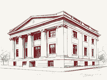 Decorative drawing: a stone bank building with columns and tall windows. Not a photograph of this place.