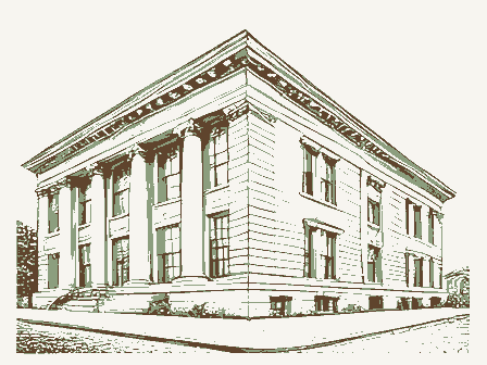 Decorative drawing: a stone bank building with columns and tall windows. Not a photograph of this place.
