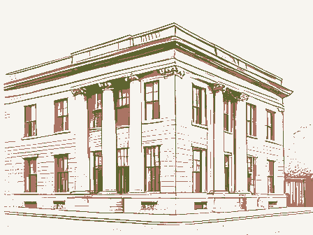 Decorative drawing: a stone bank building with columns and tall windows. Not a photograph of this place.