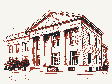 Decorative drawing: a stone bank building with columns and tall windows. Not a photograph of this place.