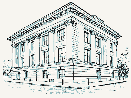 Decorative drawing: a stone bank building with columns and tall windows. Not a photograph of this place.