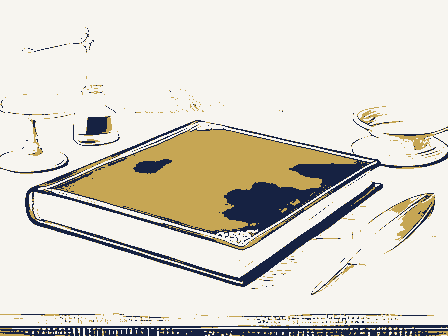 Decorative drawing: a thick bound ledger closed on a writing desk, an inkwell, a quill and a brass letter scale.... Not a photograph of this place.