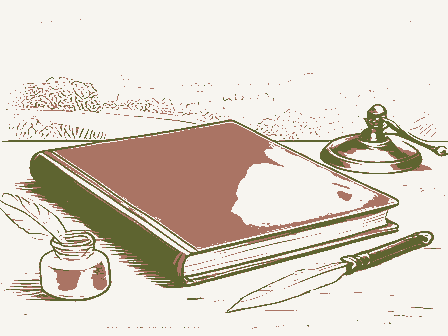 Decorative drawing: a thick bound ledger closed on a writing desk, an inkwell, a quill and a brass letter scale.... Not a photograph of this place.