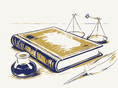 Decorative drawing: a thick bound ledger closed on a writing desk, an inkwell, a quill and a brass letter scale.... Not a photograph of this place.