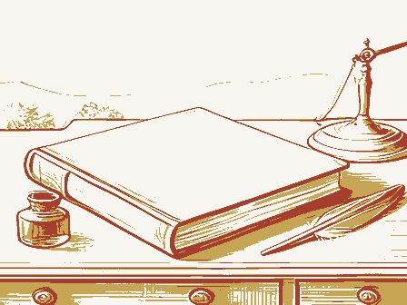Decorative drawing: a thick bound ledger closed on a writing desk, an inkwell, a quill and a brass letter scale.... Not a photograph of this place.