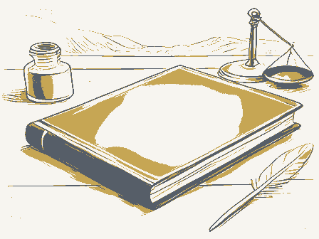 Decorative drawing: a thick bound ledger closed on a writing desk, an inkwell, a quill and a brass letter scale.... Not a photograph of this place.