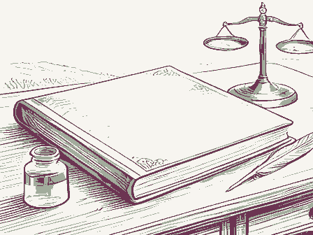 Decorative drawing: a thick bound ledger closed on a writing desk, an inkwell, a quill and a brass letter scale.... Not a photograph of this place.