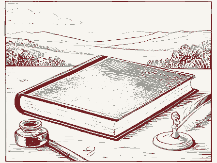 Decorative drawing: a thick bound ledger closed on a writing desk, an inkwell, a quill and a brass letter scale.... Not a photograph of this place.