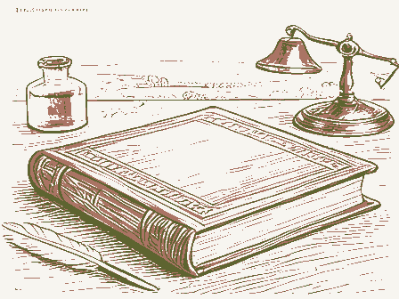Decorative drawing: a thick bound ledger closed on a writing desk, an inkwell, a quill and a brass letter scale.... Not a photograph of this place.