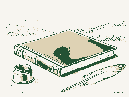 Decorative drawing: a thick bound ledger closed on a writing desk, an inkwell, a quill and a brass letter scale.... Not a photograph of this place.