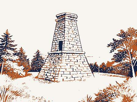 Decorative drawing: a stone blast furnace stack in woodland. Not a photograph of this place.
