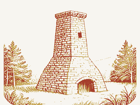 Decorative drawing: a stone blast furnace stack in woodland. Not a photograph of this place.