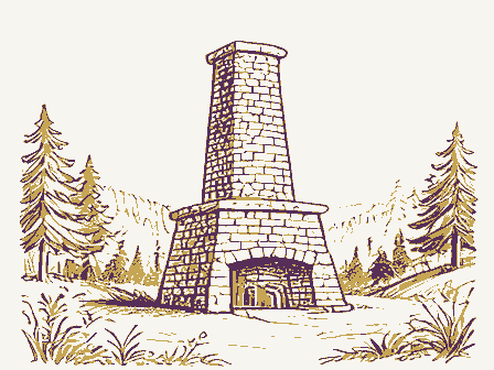 Decorative drawing: a stone blast furnace stack in woodland. Not a photograph of this place.
