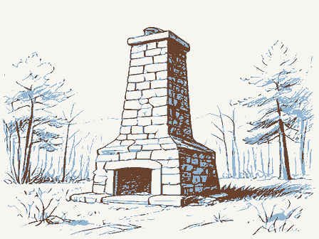 Decorative drawing: a stone blast furnace stack in woodland. Not a photograph of this place.