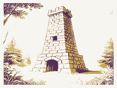 Decorative drawing: a stone blast furnace stack in woodland. Not a photograph of this place.