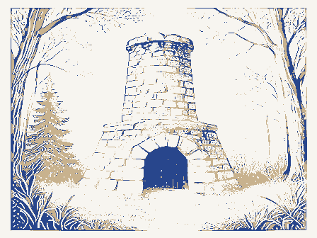 Decorative drawing: a stone blast furnace stack in woodland. Not a photograph of this place.
