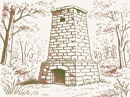 Decorative drawing: a stone blast furnace stack in woodland. Not a photograph of this place.