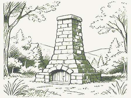Decorative drawing: a stone blast furnace stack in woodland. Not a photograph of this place.