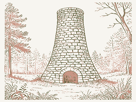 Decorative drawing: a stone blast furnace stack in woodland. Not a photograph of this place.