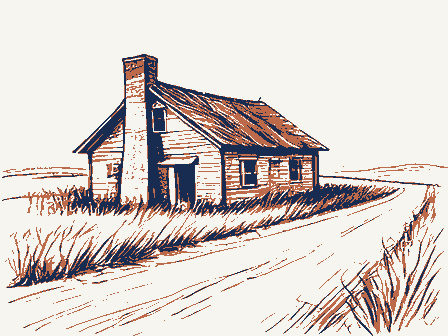 Decorative drawing: an abandoned homestead reclaimed by grass, a leaning chimney and an empty road. Not a photograph of this place.