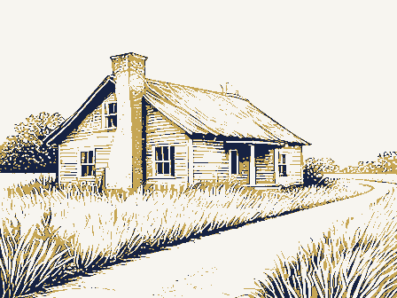 Decorative drawing: an abandoned homestead reclaimed by grass, a leaning chimney and an empty road. Not a photograph of this place.
