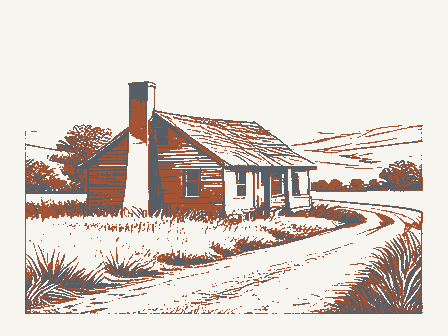 Decorative drawing: an abandoned homestead reclaimed by grass, a leaning chimney and an empty road. Not a photograph of this place.