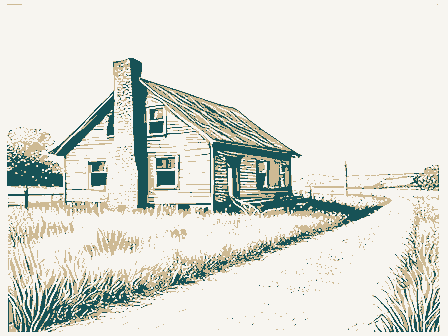 Decorative drawing: an abandoned homestead reclaimed by grass, a leaning chimney and an empty road. Not a photograph of this place.