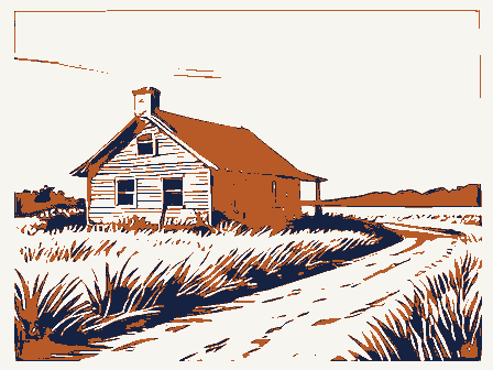 Decorative drawing: an abandoned homestead reclaimed by grass, a leaning chimney and an empty road. Not a photograph of this place.