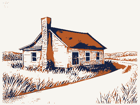 Decorative drawing: an abandoned homestead reclaimed by grass, a leaning chimney and an empty road. Not a photograph of this place.