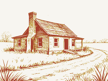 Decorative drawing: an abandoned homestead reclaimed by grass, a leaning chimney and an empty road. Not a photograph of this place.