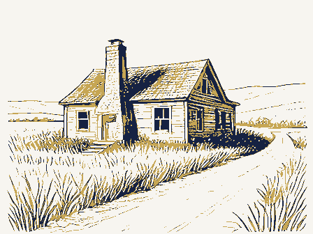 Decorative drawing: an abandoned homestead reclaimed by grass, a leaning chimney and an empty road. Not a photograph of this place.