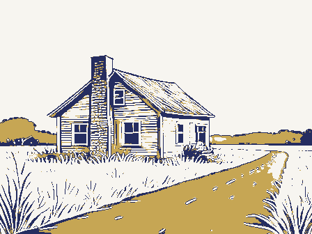 Decorative drawing: an abandoned homestead reclaimed by grass, a leaning chimney and an empty road. Not a photograph of this place.