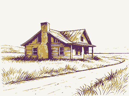 Decorative drawing: an abandoned homestead reclaimed by grass, a leaning chimney and an empty road. Not a photograph of this place.