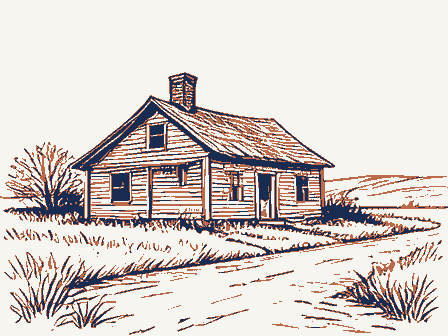 Decorative drawing: an abandoned homestead reclaimed by grass, a leaning chimney and an empty road. Not a photograph of this place.
