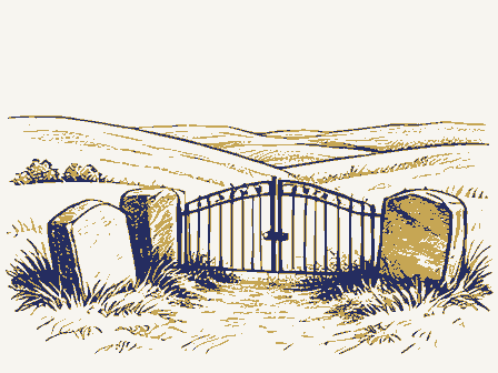 Decorative drawing: a hillside burying ground with slate headstones and an iron gate. Not a photograph of this place.