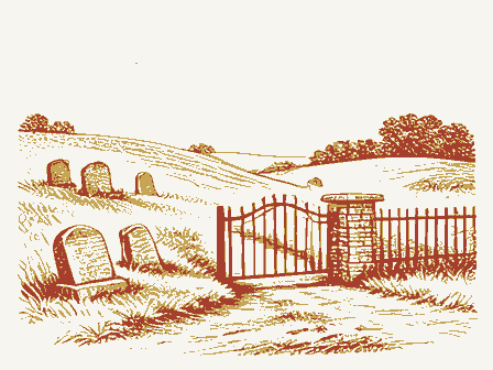 Decorative drawing: a hillside burying ground with slate headstones and an iron gate. Not a photograph of this place.